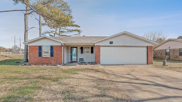 single story home with a garage and a front lawn