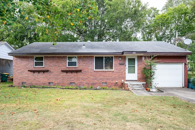 single story home with a garage and a front yard