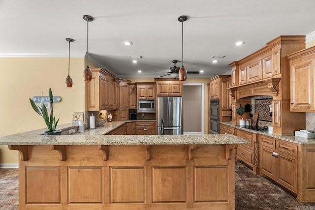 kitchen with backsplash, black appliances, ceiling fan, decorative light fixtures, and kitchen peninsula