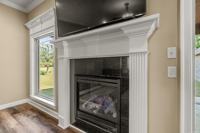 room details with a fireplace, wood-type flooring, and ornamental molding