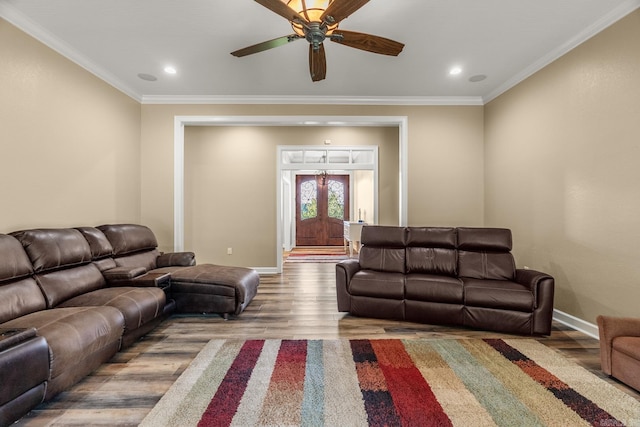 living room with crown molding, french doors, ceiling fan, and hardwood / wood-style flooring