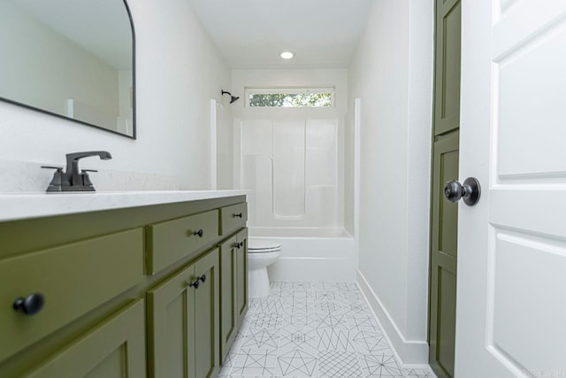 full bathroom with tile patterned flooring, vanity, toilet, and  shower combination