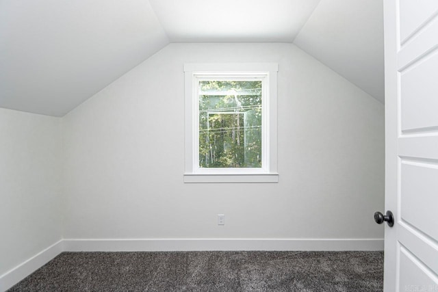 additional living space with vaulted ceiling and dark colored carpet