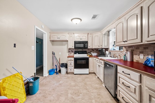 kitchen featuring dishwasher, white electric range, sink, and tasteful backsplash