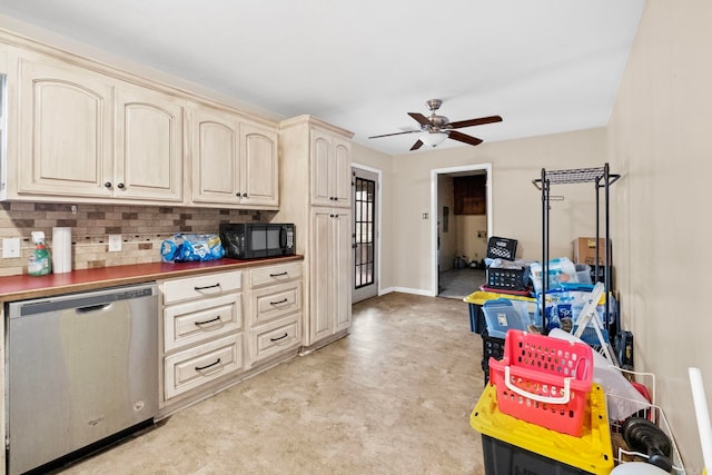 kitchen with decorative backsplash, cream cabinets, stainless steel dishwasher, and ceiling fan