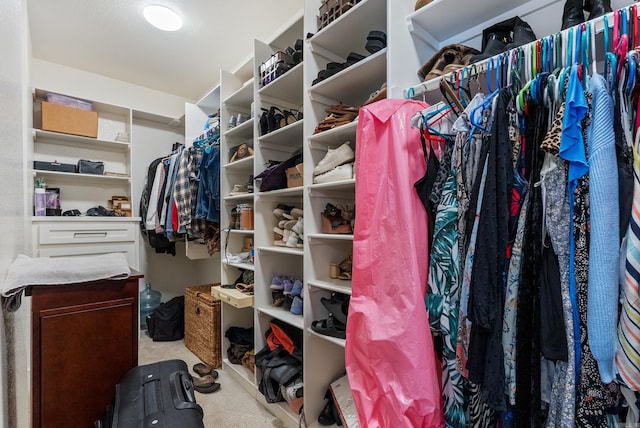 walk in closet with light carpet