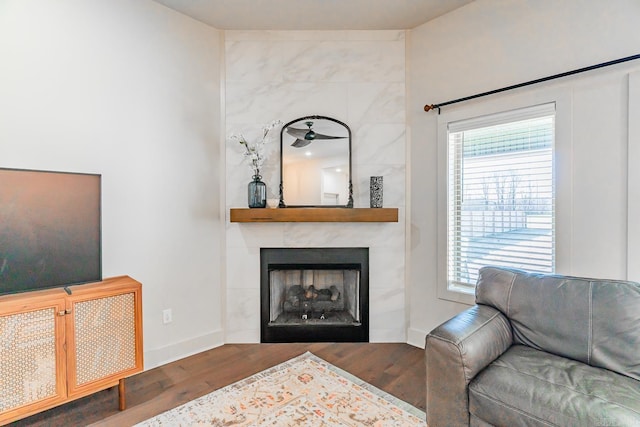 living room with a fireplace, hardwood / wood-style floors, and a healthy amount of sunlight