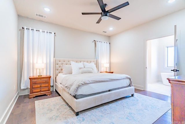 bedroom with wood-type flooring and ceiling fan