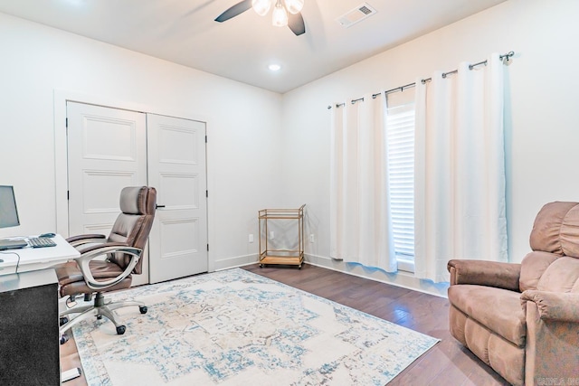 office area featuring hardwood / wood-style flooring and ceiling fan