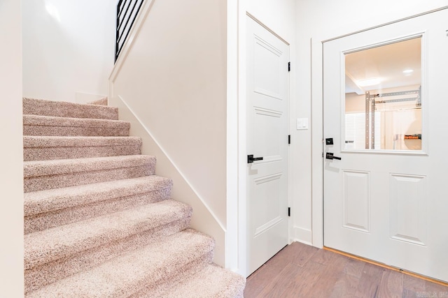 stairway with hardwood / wood-style flooring