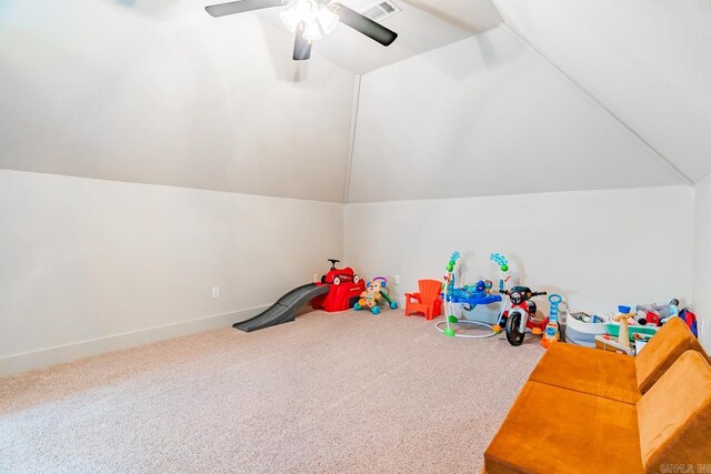 game room with carpet flooring, ceiling fan, and lofted ceiling