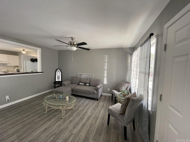 living room with ceiling fan and hardwood / wood-style floors