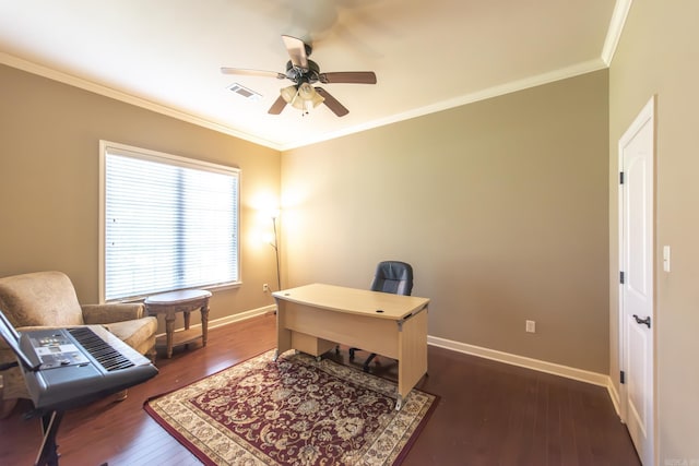 office space with ceiling fan, dark hardwood / wood-style flooring, and ornamental molding