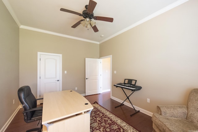 office with dark hardwood / wood-style floors, ceiling fan, and ornamental molding