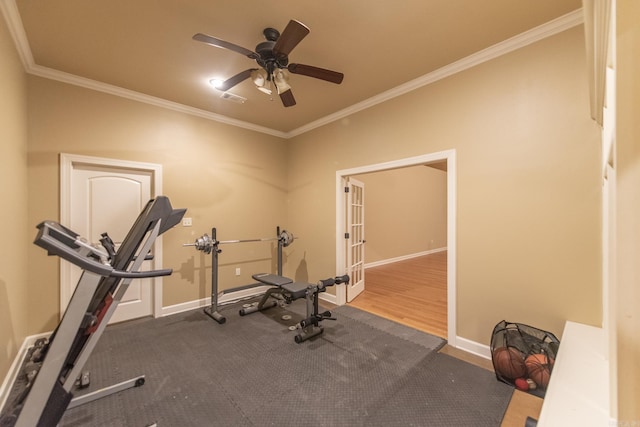 workout room with ceiling fan and ornamental molding