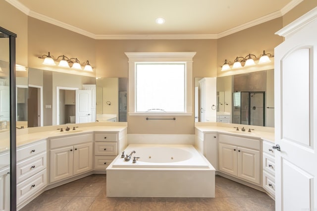 bathroom featuring separate shower and tub, tile patterned floors, vanity, and ornamental molding