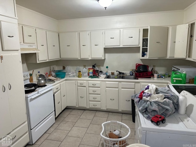 kitchen featuring range hood, white range with electric cooktop, white cabinetry, and sink