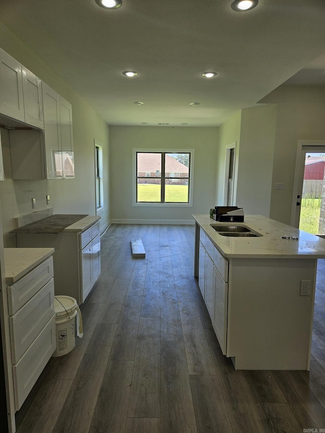 kitchen with white cabinets, dark hardwood / wood-style floors, a kitchen island with sink, and sink