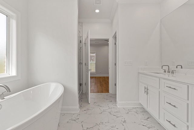 bathroom featuring vanity, independent shower and bath, and crown molding