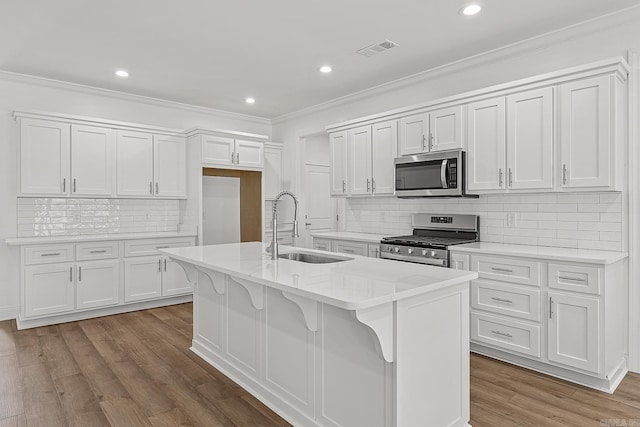 kitchen featuring sink, white cabinetry, a kitchen island with sink, and appliances with stainless steel finishes