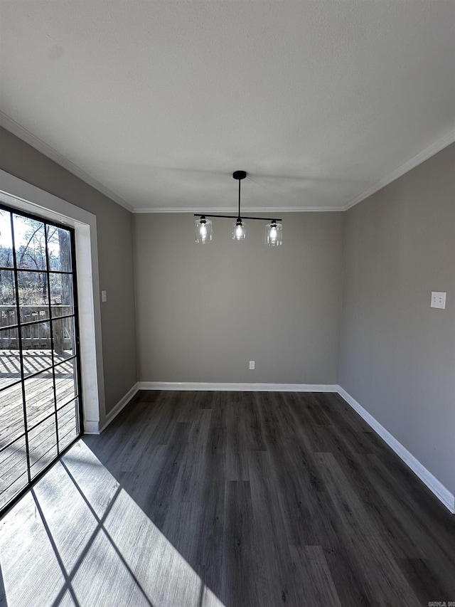 unfurnished dining area featuring dark wood-type flooring and ornamental molding