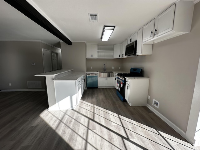 kitchen with electric range, dishwasher, dark hardwood / wood-style floors, and white cabinetry