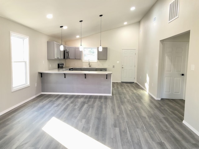 kitchen with kitchen peninsula, a breakfast bar, gray cabinets, and stainless steel appliances