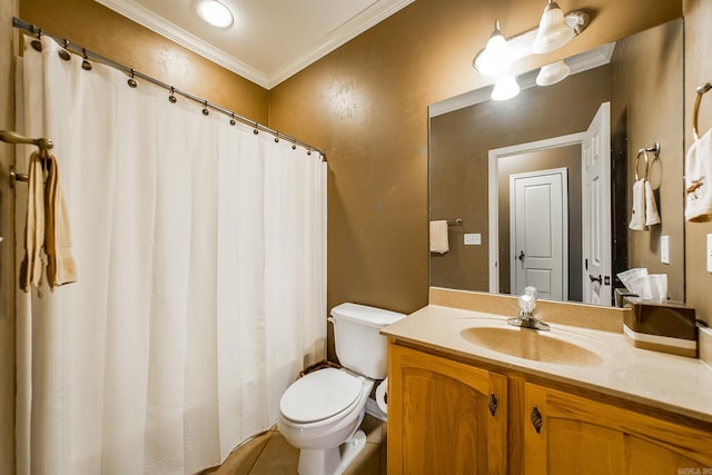 bathroom featuring crown molding, vanity, and toilet