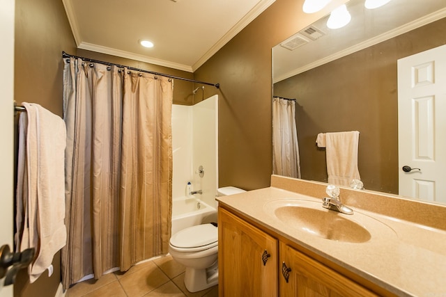 full bathroom with shower / tub combo, vanity, crown molding, tile patterned flooring, and toilet