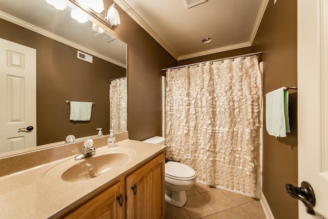 bathroom featuring ornamental molding, vanity, tile patterned flooring, toilet, and curtained shower