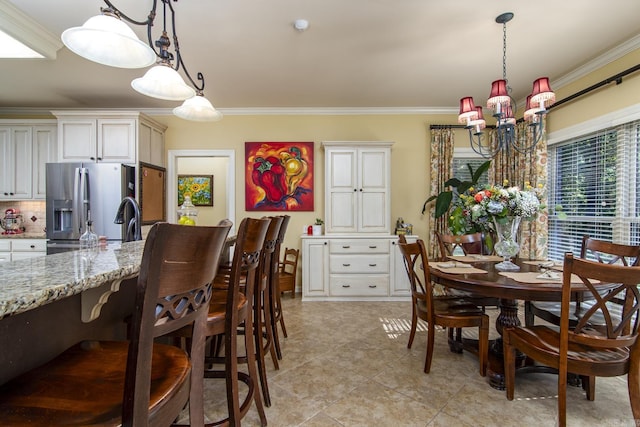 tiled dining room with ornamental molding and a notable chandelier