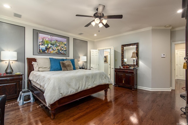 bedroom with dark wood-type flooring, ceiling fan, and ornamental molding