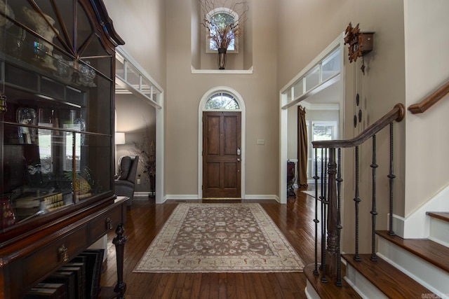 entrance foyer featuring a high ceiling, dark hardwood / wood-style floors, and ornamental molding