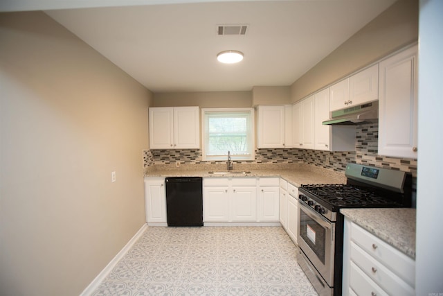 kitchen with stainless steel gas range oven, white cabinetry, sink, and black dishwasher