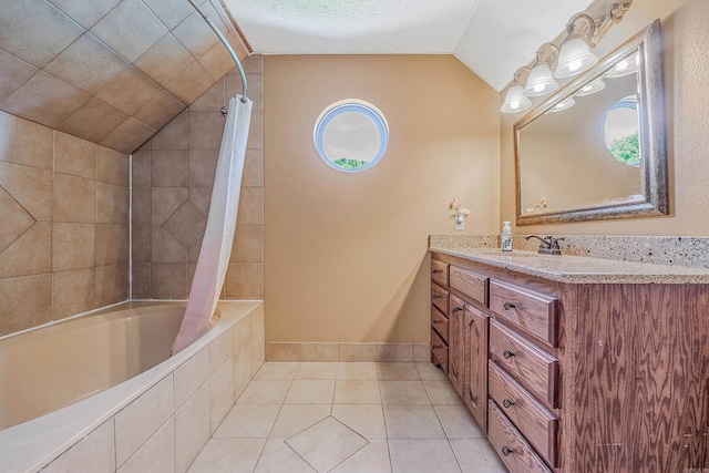 bathroom featuring tile patterned floors, vanity, shower / bathtub combination with curtain, and lofted ceiling