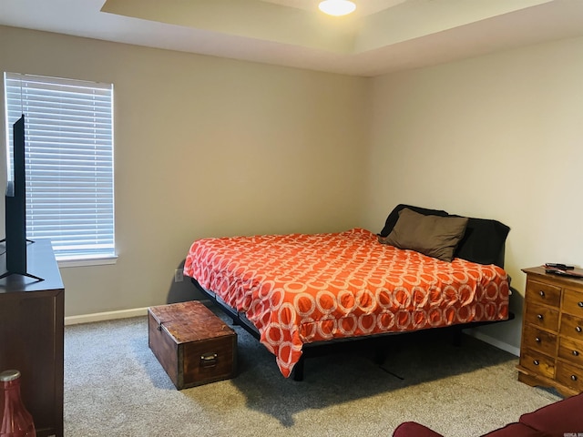 bedroom featuring a tray ceiling and carpet flooring