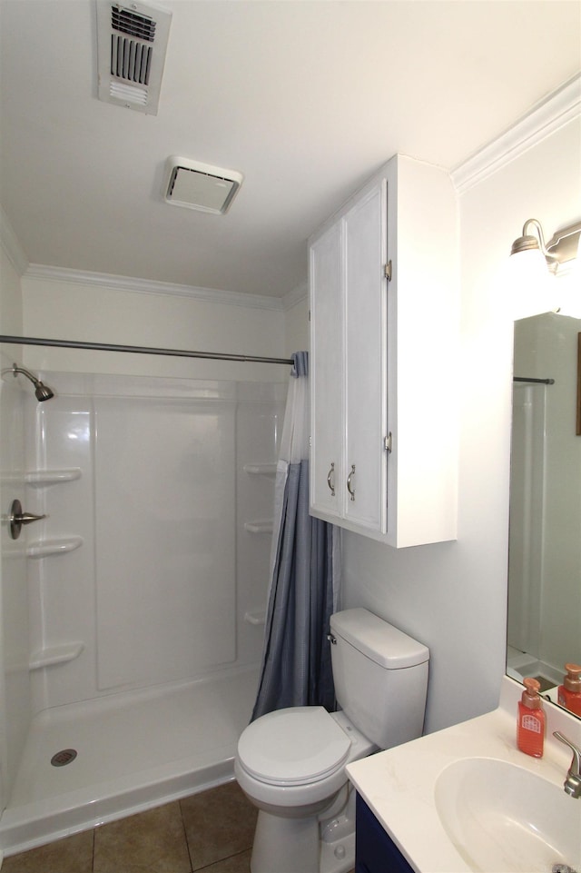 bathroom featuring a shower with curtain, vanity, tile patterned floors, and ornamental molding