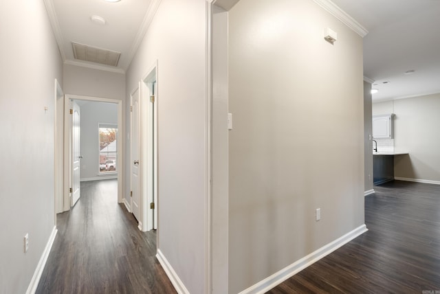 hallway with dark hardwood / wood-style flooring and crown molding