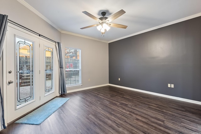 empty room with crown molding, ceiling fan, and dark wood-type flooring