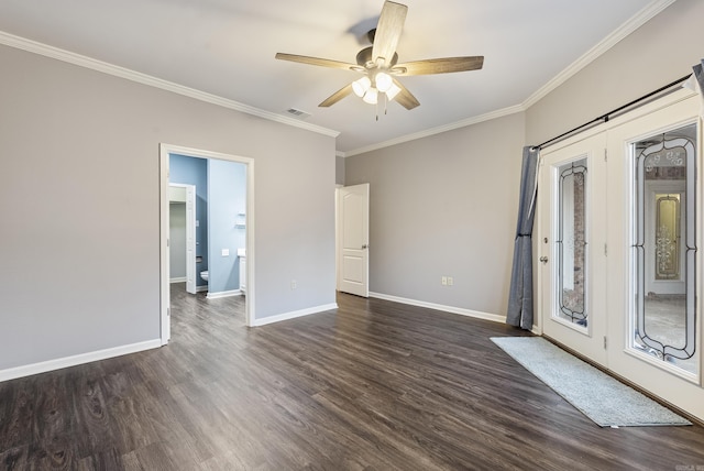 empty room with ceiling fan, crown molding, and dark wood-type flooring