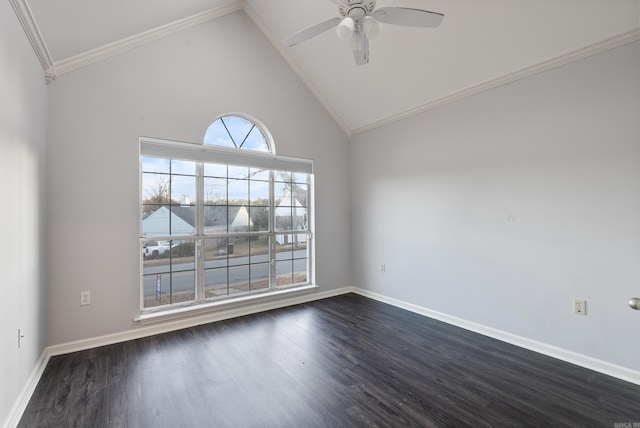 empty room with ceiling fan, crown molding, high vaulted ceiling, and dark wood-type flooring