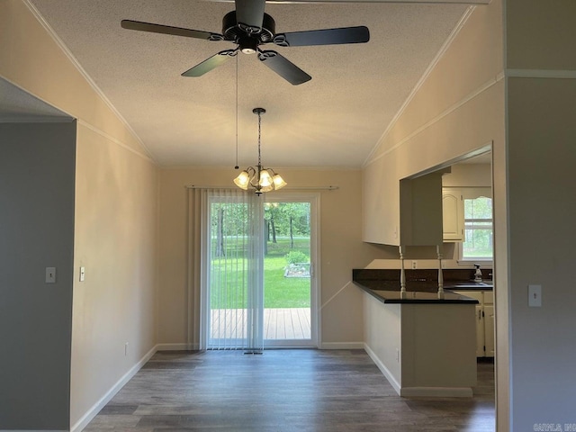 kitchen with white cabinets, ceiling fan with notable chandelier, dark wood-type flooring, and lofted ceiling