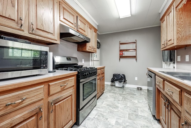 kitchen with crown molding, sink, and appliances with stainless steel finishes