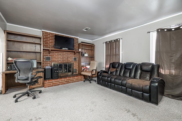 living room with a fireplace, carpet, and ornamental molding