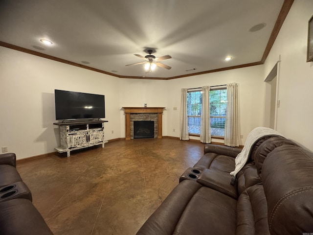 living room with ceiling fan, ornamental molding, and a fireplace