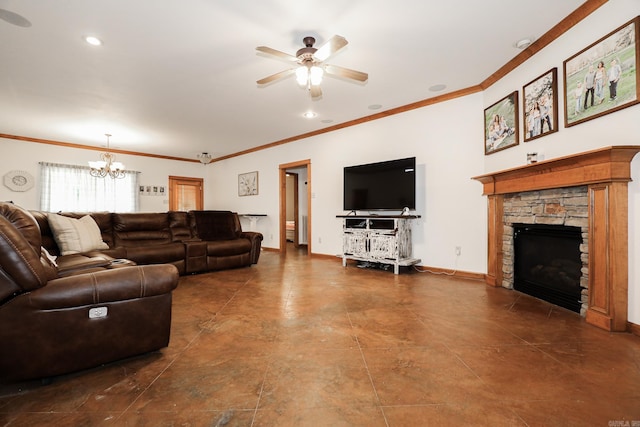 living room with ceiling fan with notable chandelier, a stone fireplace, and ornamental molding