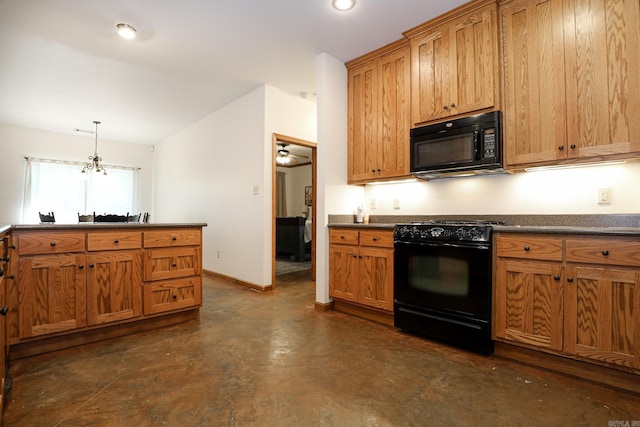 kitchen with black appliances, decorative light fixtures, and ceiling fan with notable chandelier