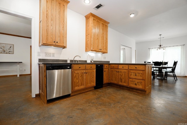 kitchen featuring kitchen peninsula, stainless steel dishwasher, sink, a notable chandelier, and hanging light fixtures