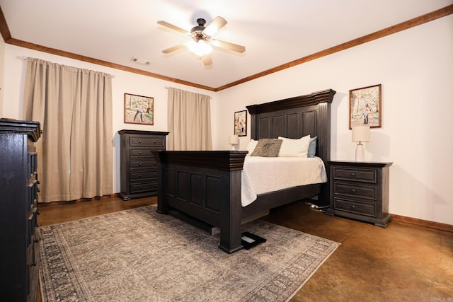 bedroom featuring ceiling fan and crown molding