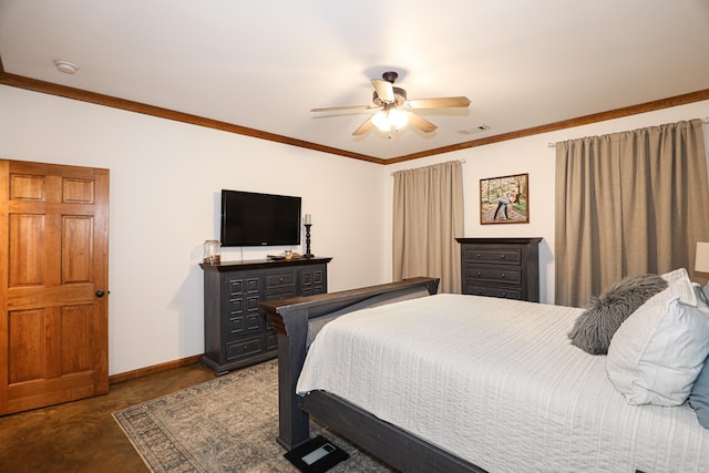 carpeted bedroom with ceiling fan and ornamental molding